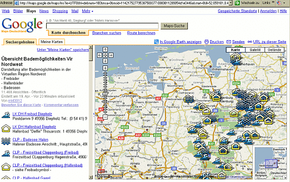 Screenshot der Darstellung "Bademöglichkeiten in der ViR-Nordwest" in Google Maps